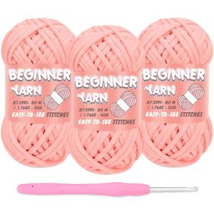 Beginners Crochet Yarn Pack, Baby Pink, Easy-to-See Stitches, Chunky Thick Bulky Cotton Soft Yarn for Crocheting (3x50g)