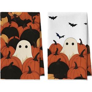 Artoid Mode Black Pumpkin Ghost Halloween Bar Kitchen Towels, 12x24 Inch Quick Dry Microfiber Cloth Dish Towels for Kitchen Drying Set of 2 (Orange)