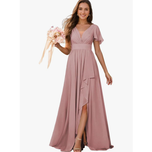 Red Bridesmaid Dresses with Sleeves for Women V Neck Ruched Long Slit Party Gowns , Size 12