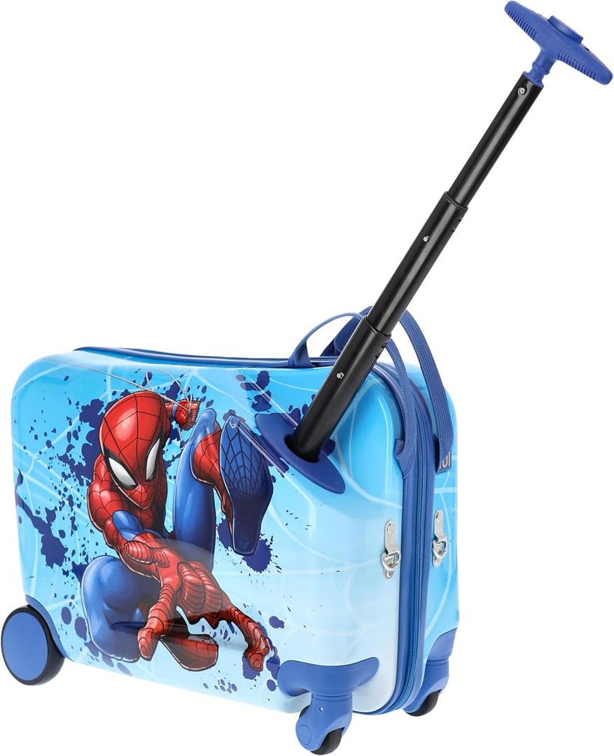 FUL Marvel Spider-Man 19 Inch Carry On Luggage, Kids Ride On Suitcase with Spinner Wheels, Hardshell Rolling Travel Trolley, Blue