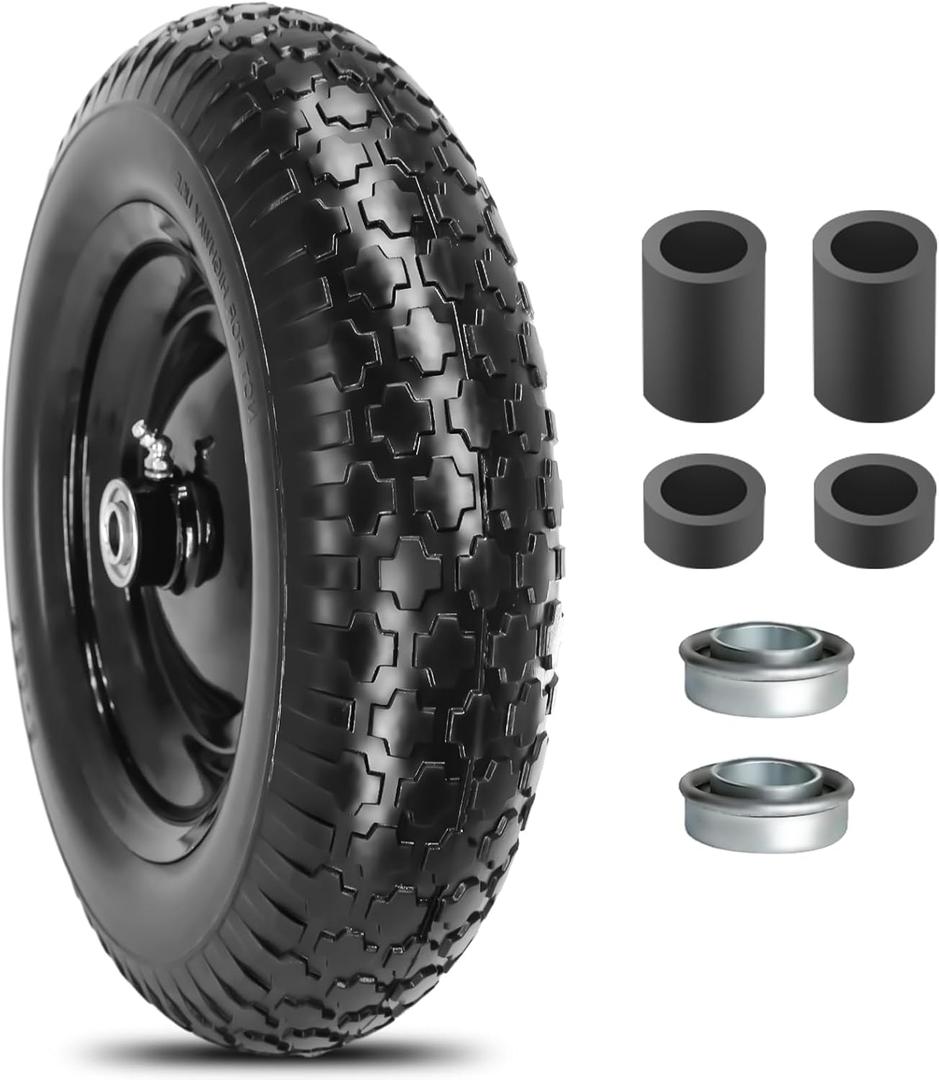 14.5D x 3.2W Flat-free Solid Tire and Wheel with 3/4 & 5/8 Bearing 3" -6" Centered Hub for Yard Cart Garden Wagon
