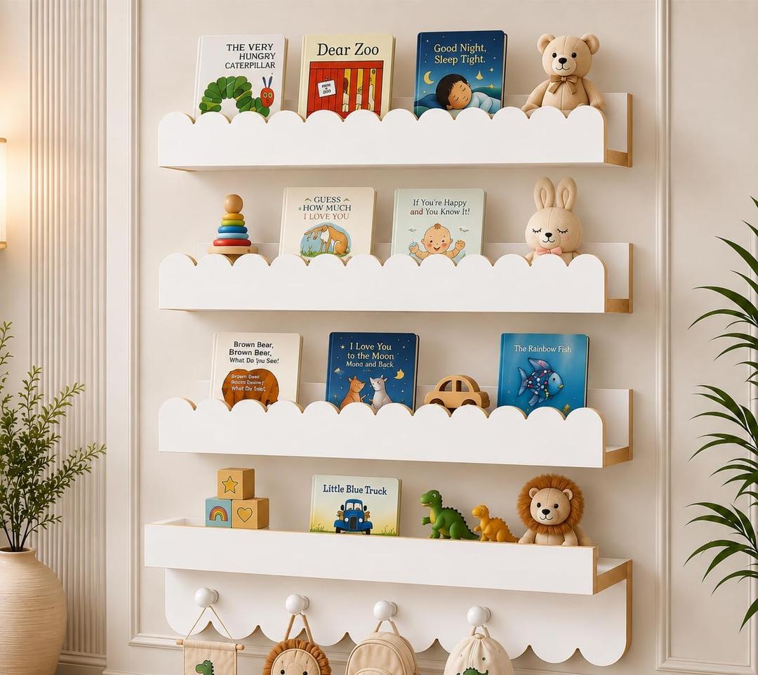 Nursery Book Shelves, 4 Pack White Floating Shelves for Wall Kids, Wall Book Shelves, Scalloped Shelves for Bedroom Kids, Toddler Room, Baby Room, Scalloped Wall Shelf, 16.5 x 2 x 4.7 inches