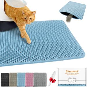 Waterproof Cat Litter Mat, Double Layer EVA, Odor-Free Large Grid, Urine Proof, Easy Cleanup (Blue, 12 x 18)