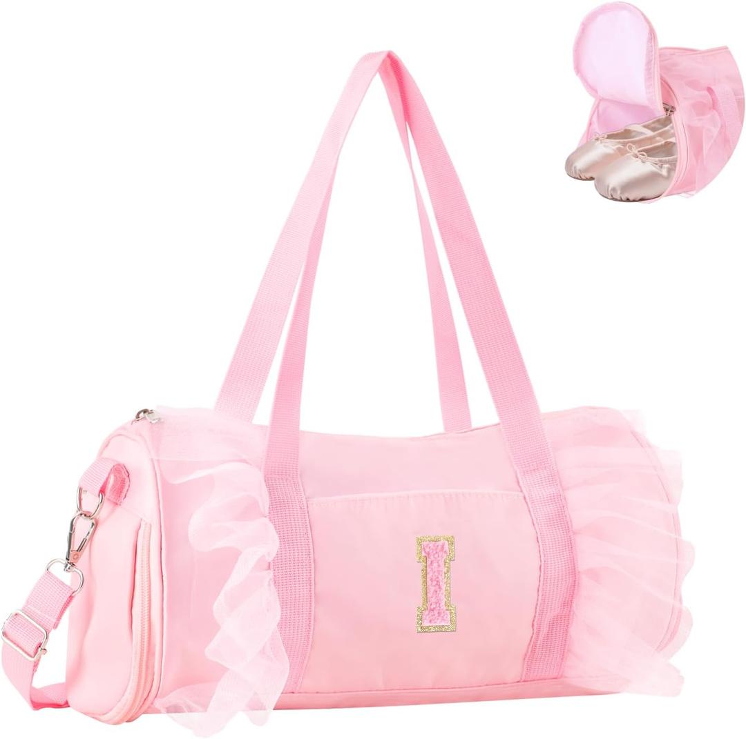 Personalized Initial Dance Bag for Girls 4-6, Small Lace Gym Sport Yoga Cheer Dance Bags Gift for Teen Girls, Cute Letter Kids Ballet Bag Toddler Travel Duffel Tote with Adjustable Straps(Pink-I)