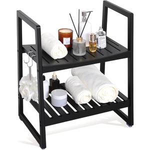 VVW 21.6 Inch Bamboo Shower Bench Seat Chair Stool with Arms for Inside Shower, Heavy Duty Spa Bath Chair with 2 Movable Hooks, Non-Slip Feet for Bathroom Accessories (Black)