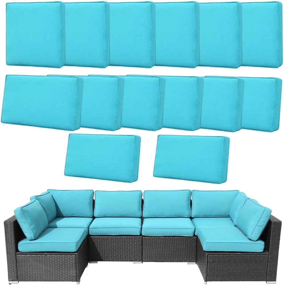 14Pcs Outdoor Cushion Covers Replacement Washable w/Zipper for 6-Seaters Sofa Patio Slipcovers Set Seat and Back Covers Only-25x25x3.15inch (Cyan)