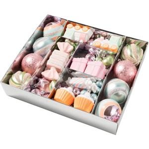 80PCS Pastel Christmas Ornaments Set, Assorted Colorful Candy Cake Giftbox Christmas Balls Ornaments, Shatterproof Xmas Baubles Hanging Decorations for Christmas Tree/Party/Holiday (Style 1)