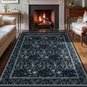 Joydeco Floral Living Room Rugs, Washable Large Bedroom Rug 8x10 Under Bed Non Slip, Soft Forest Botanical Low-Pile Floor Indoor Throw Carpet for Dining Table Home Office, Blue-Black