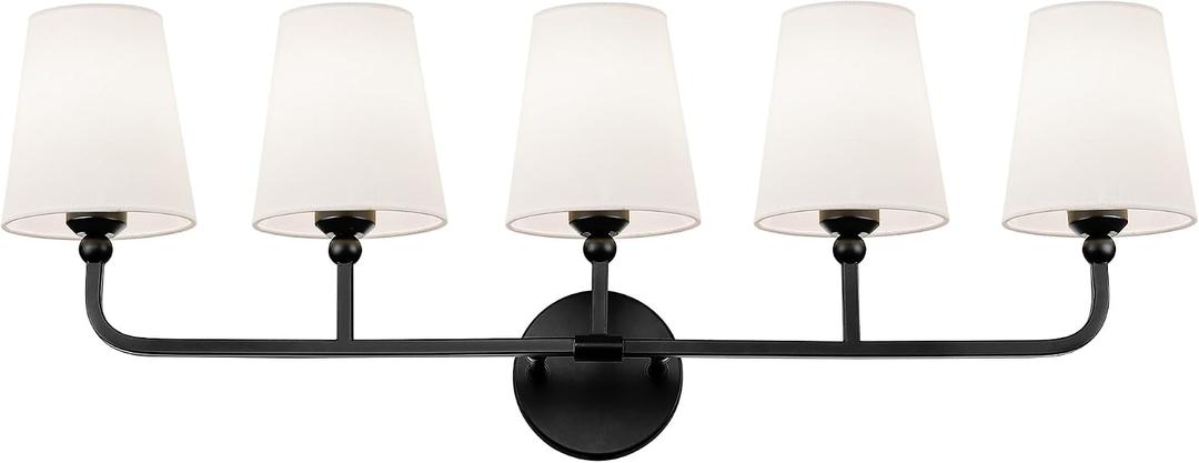 Bathroom Light Fixtures, 5 Light Matte Black Vanity Lights with Flared White Fabric Shade, 35 Inch Wall Sconce, Modern Sconces Wall Lighting for Hallway Bedroom, VL837-MB-5