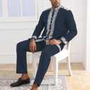 Mens African 2 Piece Set Nigerian Dashiki Metallic Traditional Suit Gold Stamp Printed Shirt and Pants Outfit (Blue, S)