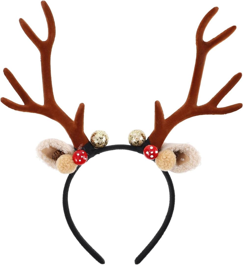 Christmas Reindeer Antler Headband: Women Xmas Deer Hair Hoop Furry Deer Horn Ears Headdress for Party Cosplay (Brown)