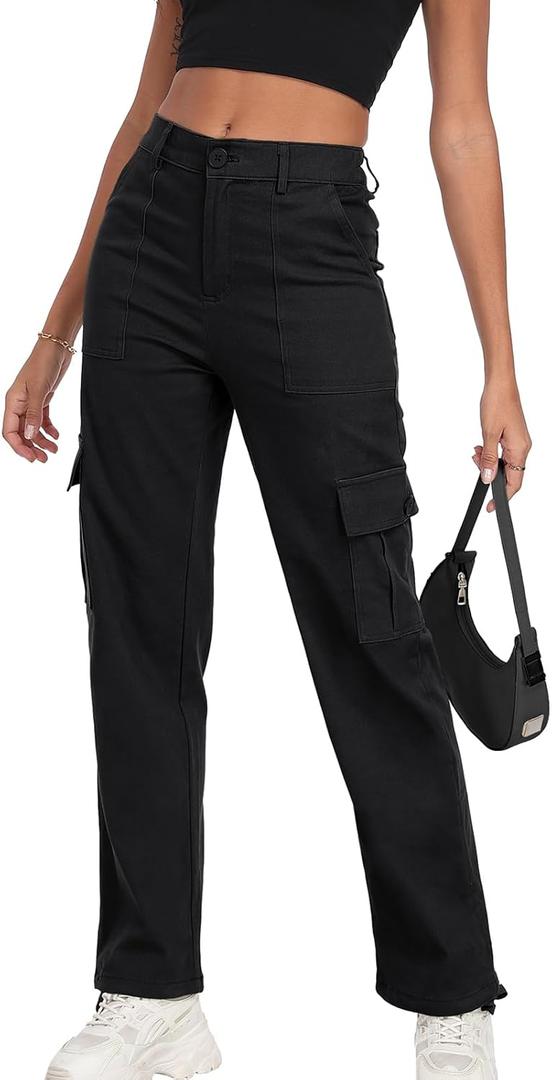 FREEOAK Women's Y2K Baggy Cargo Pants High-Waist Hiking Trousers with Elastic Band Relaxed Fit Wide Leg Pants Streetwear Size Small A - Black