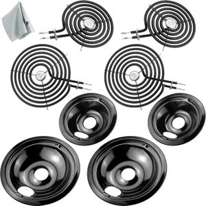 WB31M20 WB31M19 Porcelain Drip Pans and WB30M1 WB30M2 Electric Stove Burners Replacement for G*E Hot*Point Stove Top, Include 4 Pack Black Drip Pans and 4 Pack Electric Stove Element by Fetechmate