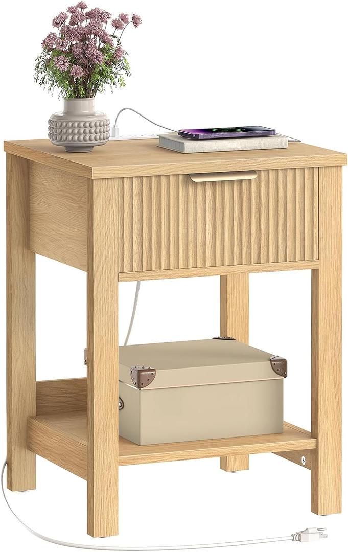 HOOBRO Fluted Nightstand with Charging Station, Modern Wooden Night Stand, 17.7"L x 15.7"W x 23.6"H