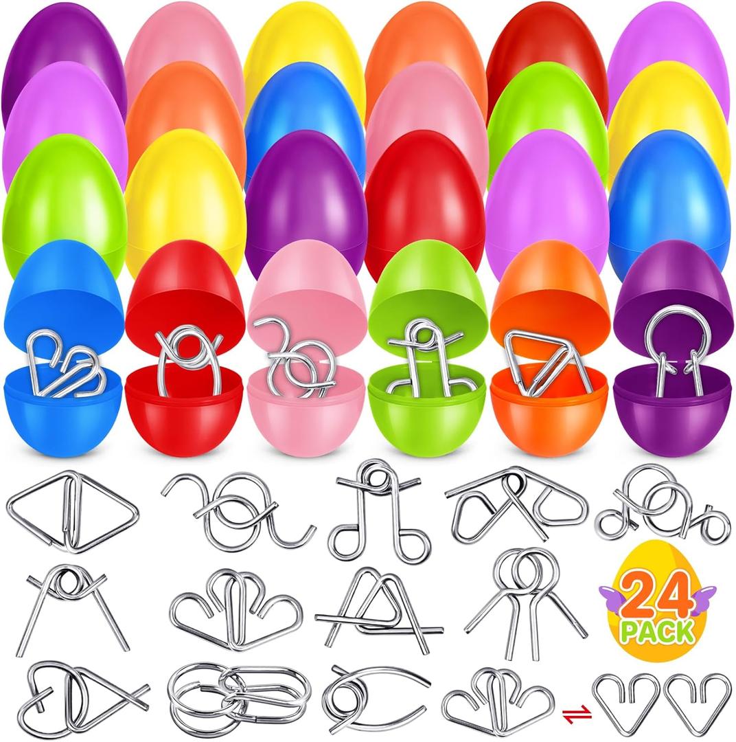 Shemira 24 Pack Easter Eggs Filled with Metal Brain Teaser Puzzle Toy for Easter Egg Hunt, Filled Easter Eggs For Teens, Easters' Goodie Bag Stuffers, Easters' Party Favors Basket Essentials,