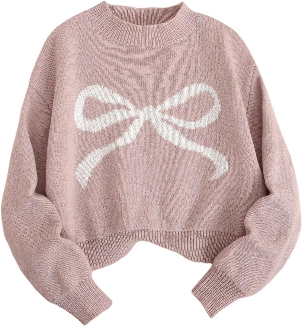 SOLY HUX Girl's Cute Bow Sweaters Kids Crew Neck Long Sleeve Fall Winter Pullover Sweater Jumper Tops