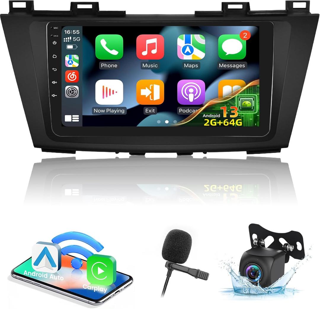 EKAT [2+64G] Android Car Stereo for Mazda 5 2010-2015 - 9 Inch Touch Screen Radio with Wireless Carplay, Android Auto, EQ, WiFi, GPS, SWC + AHD Backup Camera & MIC