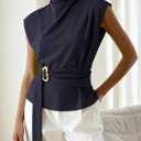 PRETTYGARDEN Women Blouses Spring Dressy Cap Sleeve Mock Neck Work Shirts Buckle Tunic Summer Business Casual Tops 2026, S
