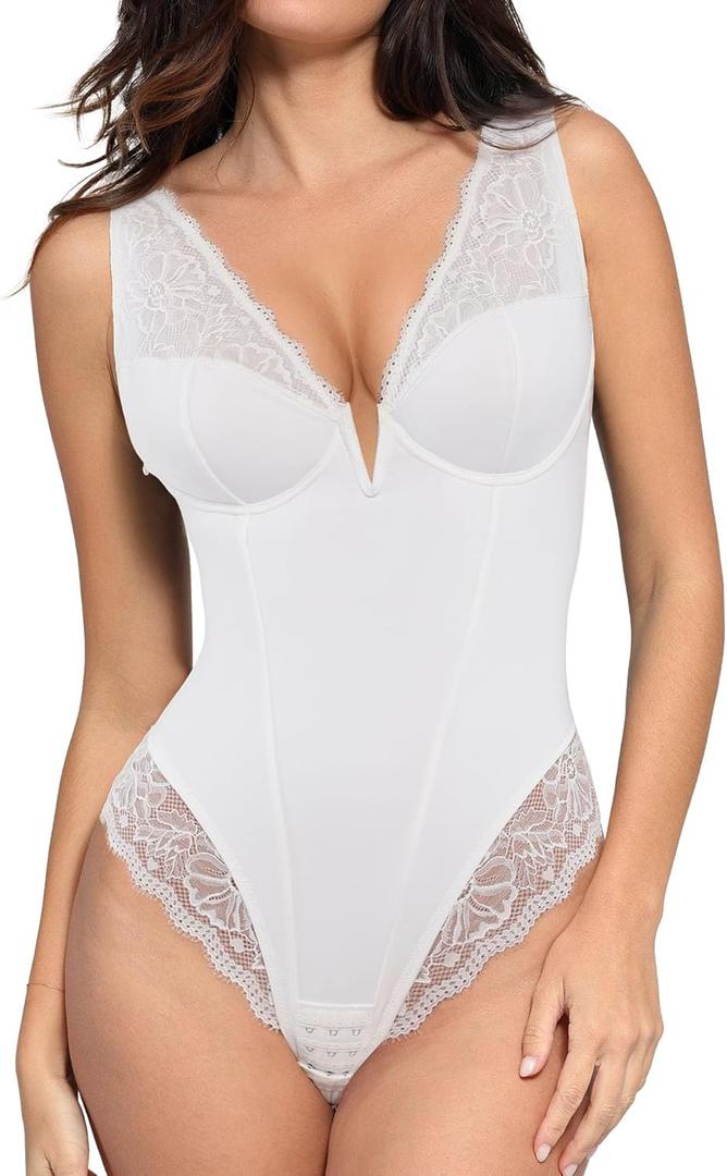 Popilush Lace Bodysuits for Women Tummy Control Body Suits Deep V Neck Thong Shapewear Going Out Corset Tops (X-Small, White)