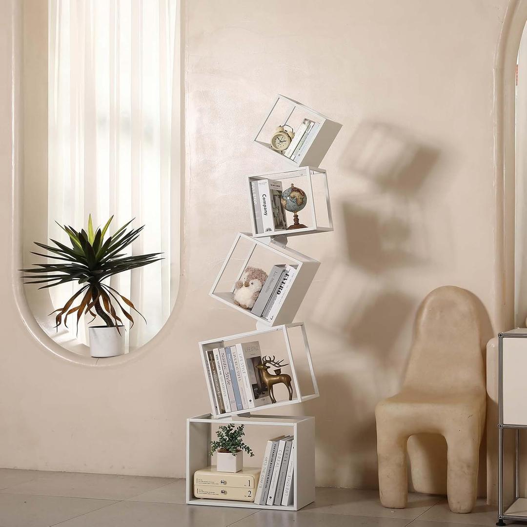 Bookshelf, Metal Bookcase 5-Tier 67", Modern Unique Floor Corner Book Shelf, Display Storage Bookcase for Living Room, Bedroom, Office, Home Decor