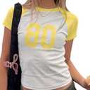 BAIGRAM Women Colorblock Raglan Short Sleeve 80 Letter Graphic Crop Tee Shirt Crewneck Slim Y2K Aesthetic Preppy Summer Tops Yellow (White, S)