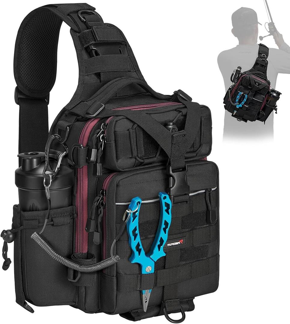 Piscifun Fishing Backpack with Rod Holder, Lightweight Sling Bag Storage Gear and Equipment (Single Shoulder - Black)