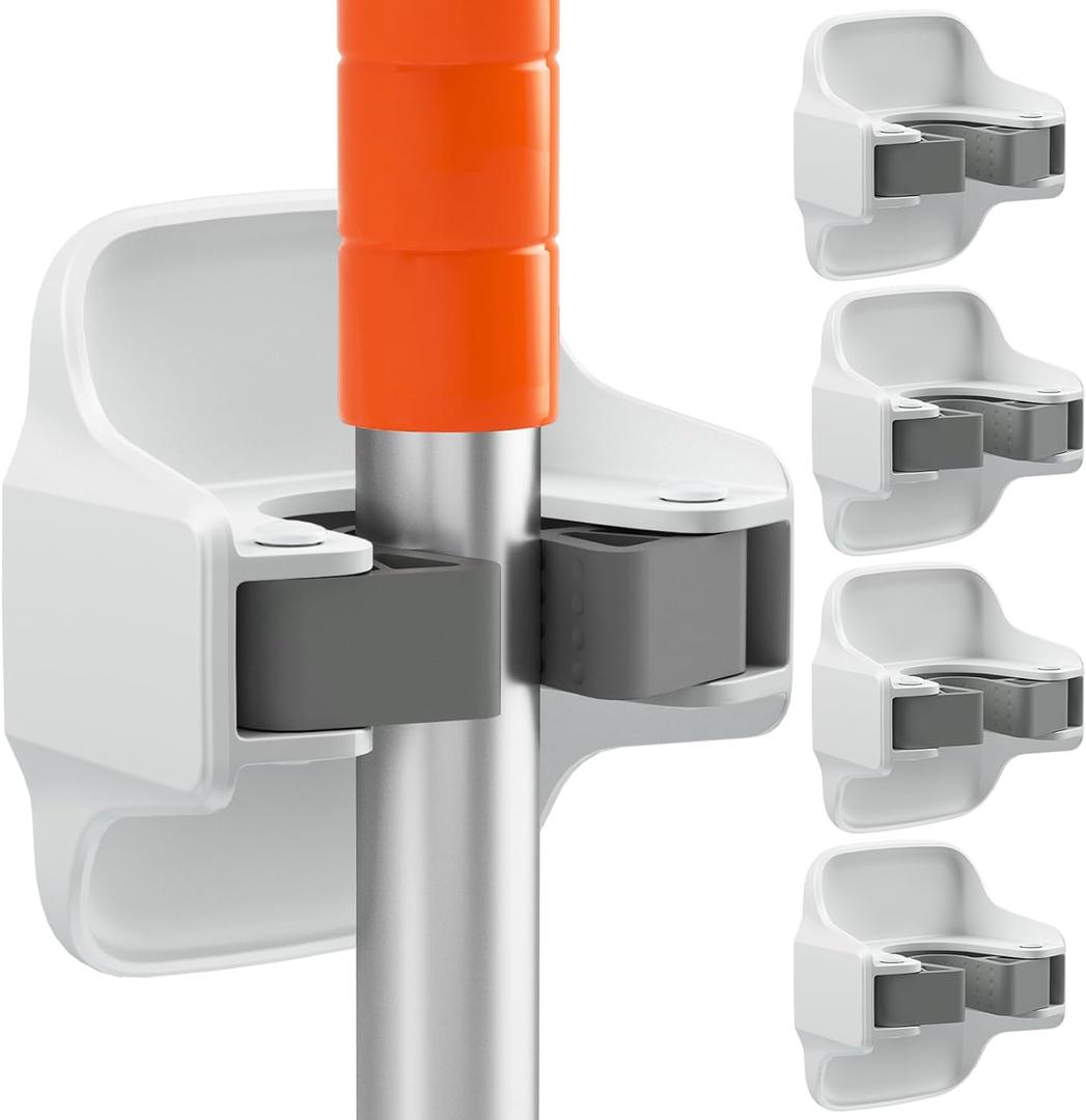 5 Pack Broom Holder Wall Mount Mop Grippers No Drilling Self Adhesive Anti-Slip Mop Handle Hanger Dustpan and Broom Organizer Garage Storage Racks-White