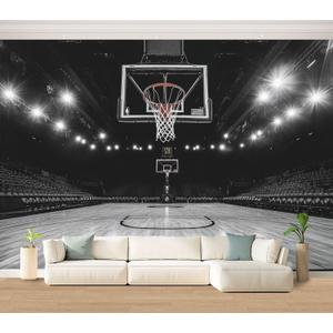 Basketball Court Sports Black and White Hoop Stadium Lights Empty Wall Mural Peel & Stick Wallpaper Removable Self-Adhesive Large Wall Sticker Wall Decor for Boys Room Bedroom Nursery 100"x144"