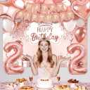 22nd Birthday Decorations for Women, 52pcs Sweet Rose Gold Happy 22 Birthday Decorations Including 22nd Rose Gold Crown, Sash, Banner, Background for 22 Party Decorations Set