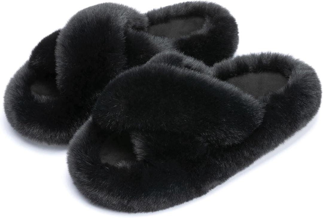 Chantomoo Women's Blue Memory Foam Faux Fur Lined Open Toe Slippers for Women, Size: 11-12