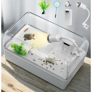 AZV Turtle Tank Starter Habitat Kit,Complete Aquatic Terrarium Enclosure with Filter,Basking Platform with Hideout,Multi-Function Area,Drainage,Plants and Lamps,Perfect for Red Eared Slider Aquarium