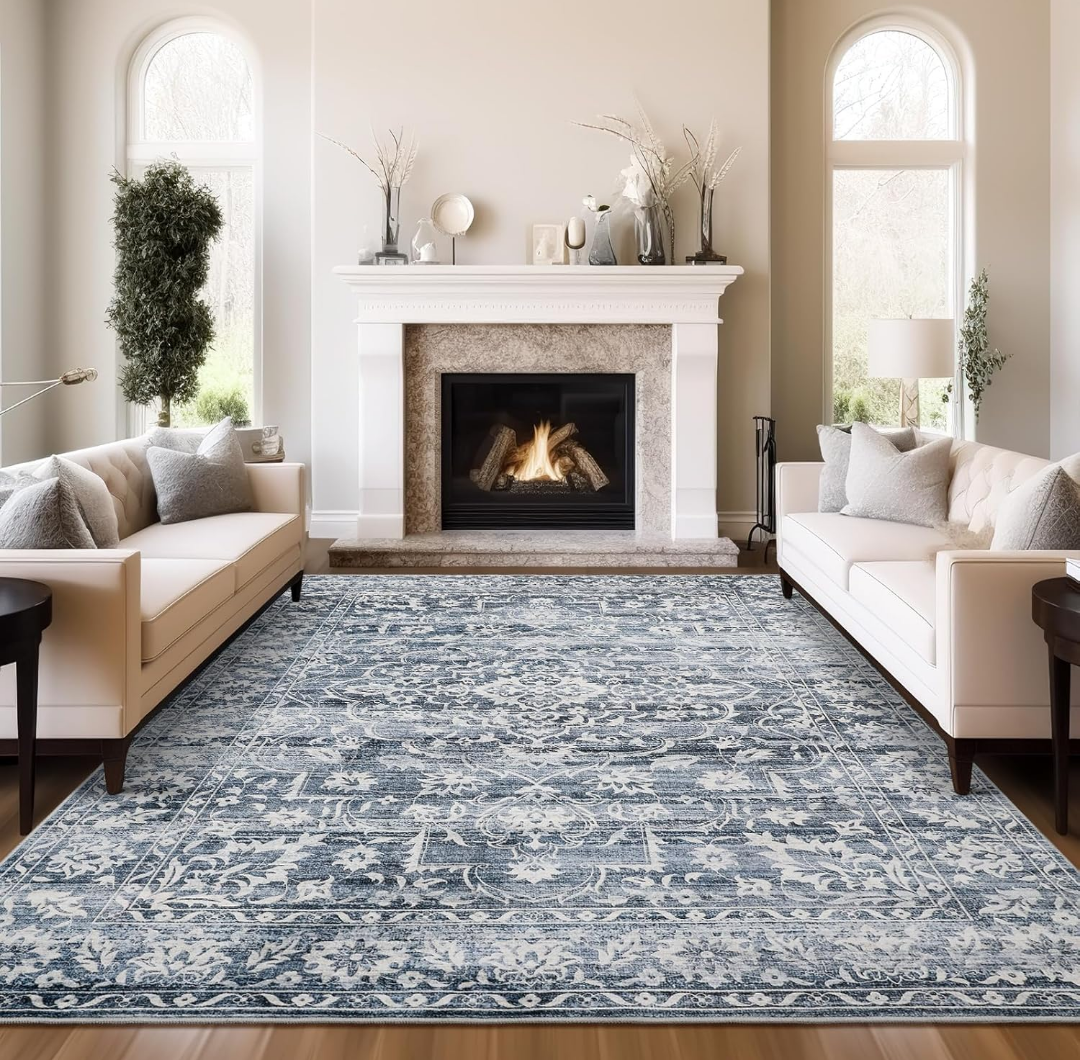 8x10 Area Rugs for Living Room, Stain Resistant Washable Rugs for Dining Room, Kitchen, Floral Vintage Non-Slip Thin Large Area Rug(Blue, 8'x10')