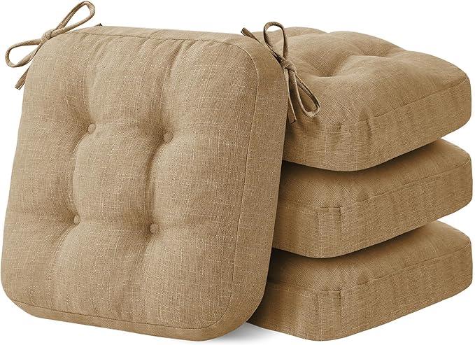 IASEAHK Chair Cushions for Dining Chairs, Dining Chair Cushions, Tufted Indoor Chair Pads with Ties & Non Slip Backing, Seat Cushions for Kitchen Chairs 16.5” x 16.5” x 3.5”, Set of 4, Khaki