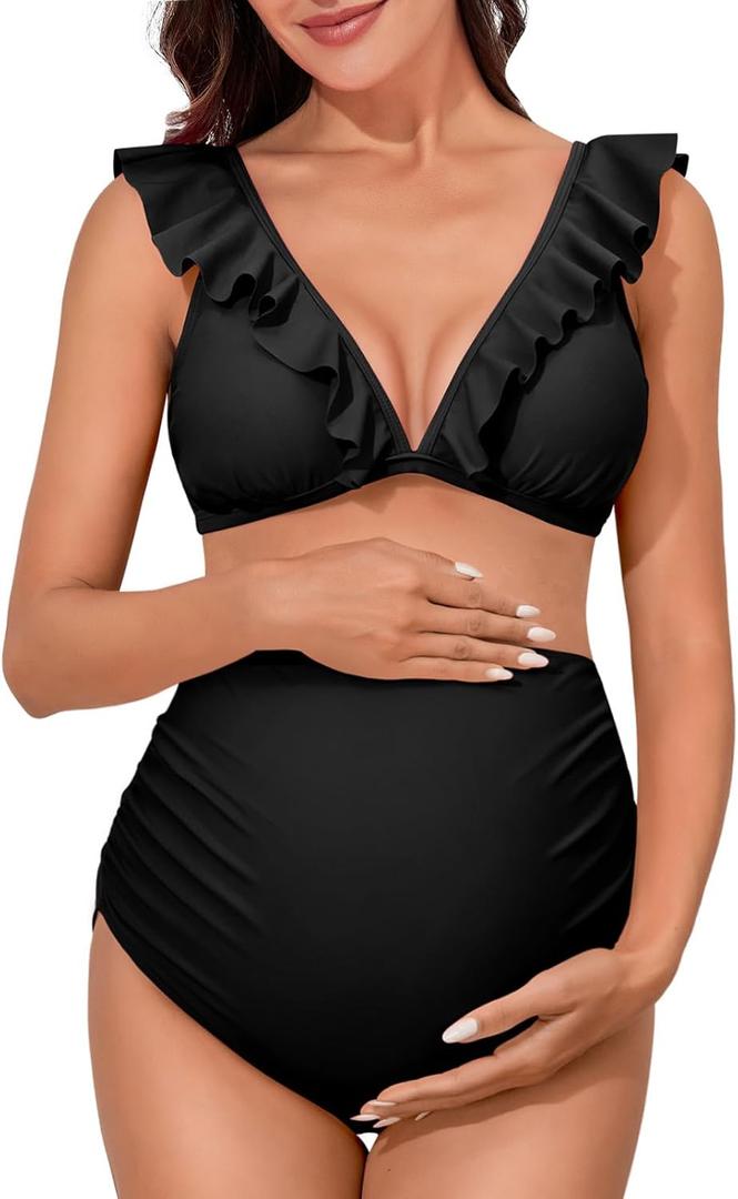 Summer Mae Maternity High Waist Swimsuit Two Piece Ruffle Bikini Bathing Suit Floral V-Neck Pregnancy Swimwear Medium, Black