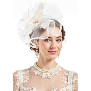 Zando 2026 Kentucky Feather Mesh Fascinators Derby Hats for Women Girls with Clip and Headband Tea Party Wedding Cocktail Hat (One Size, White)