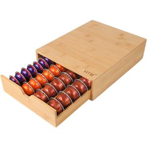HTB K Cup Coffee Pod Holder, Drawer Type K Cup Organizer Storage, Compatible with K-Cup Pods, Space-Saving Coffee Capsule Drawer- Holds 40 Nespresso Capsules Coffee Pods Bamboo Single Drawer