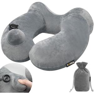 1 Pack Inflatable Travel Neck Pillow with Compact Bag and Washable Cover for Sleeping Airplane Soft Velvet Pillow for Long Flight Neck Cushion for Head Support Car Home Office (Grey 1pack)