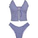 seamoly Womens Bikini Sets Tie Front Ruffle Swimsuit High Cut Two Piece Bathing Suit Cheeky Sexy Tankini Blue Gingham, Size: M