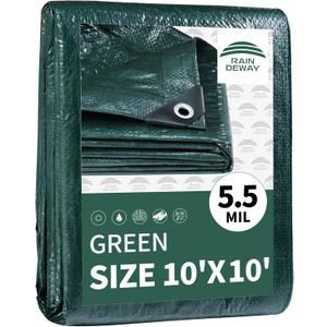 RAINDEWAY Tarps 10x10 Feet,Tarp Waterproof,5.5 Mil Thick, Multipurpose Waterproof Poly Tarp Cover with Metal Grommets and Reinforced Edges,Green Tarps (10'10'-Finished Size)