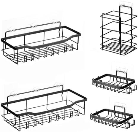 VEVOR Shower Caddy, 5 Pack Adhesive Bathroom Shower Storage Organization Shelves Rack Set, 40 lbs Large Weight Capacity, with Soap and Toothbrush Holder, No Drilling for Bathroom, Kitchen, RV/Camper
