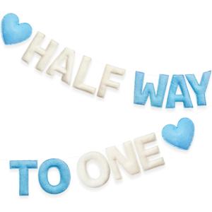 1/2 Way to One Birthday Decorations Blue Beige Handmade Felt Pre-Strung Half Way to One Sign Banner with Heart for 6 Months Birthday Baby Boy Decorations Party Nursery Home Wall Fireplace Decor