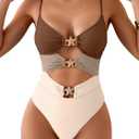 Eomenie One Piece Swimsuit for Women Cutout Monokini Sexy Bathing Suit Metal Swim Suit (Small, Brown and Beige)