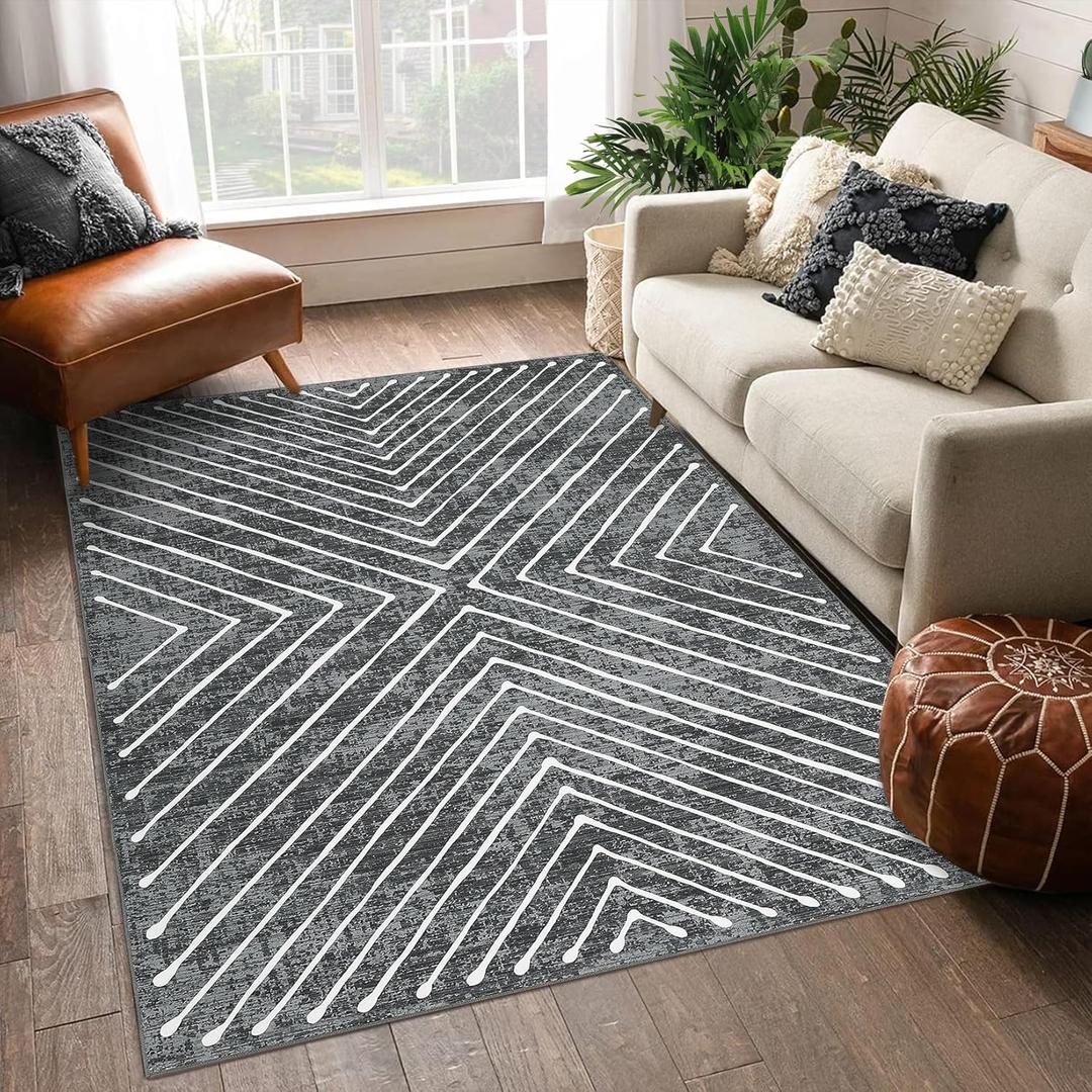 CAROMIO Living Room Rug 9x12 Washable Rug Large Indoor Non Slip Geometric Rug Modern Abstract Area Rug Accent Floor Cover Stain Resistant Contemporary Throw Floor Carpet for Bedroom Home Decor (Geometric-dark Grey)