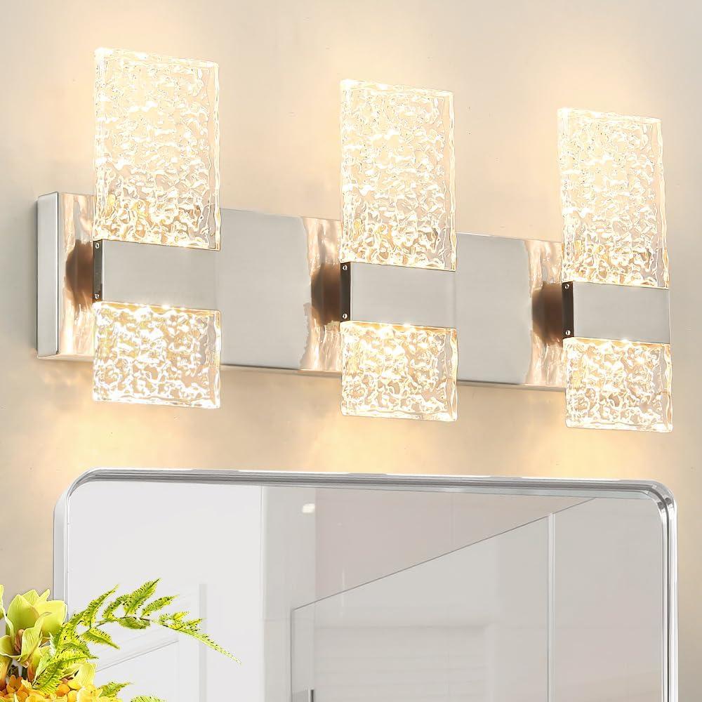 Modern Brushed Nickel 3 Lights Bathroom Vanity Light, Eleglant Nickel LED Bathroom Light Fixtures over Mirror, Dimmable Acrylic Shade Wall Lighting Fixtures, Hardwired Wall Light(H9.25in, L21.26in)