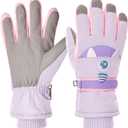 Kids Touchscreen Ski Gloves Children Waterproof Winter Snow Gloves with Grip, Unicorn Monster Design, Anti-Loss Clip for Boys & Girls (Medium, purple)
