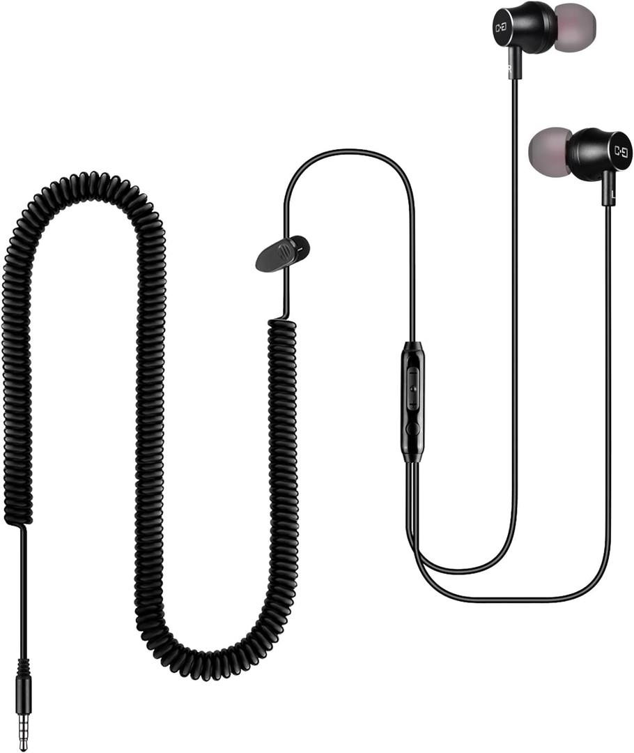 Extra Long Earbuds for TV & PC, with 12FT Spring Coiled Extension Cable, Volume Control & Mic, in-Ear Wired Headphones for 3.5mm Audio Output Devices, ChanGeek CGS06
