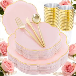 ejonirinjonir EI 180pcs Pink Plastic Plates with Gold Plastic Silverware,Party Plates Disposable,Pink Dinnerware Set for Afternoon Tea,Wedding,Birthday,Easter,Spring,Mother's Day,Valentine's Day