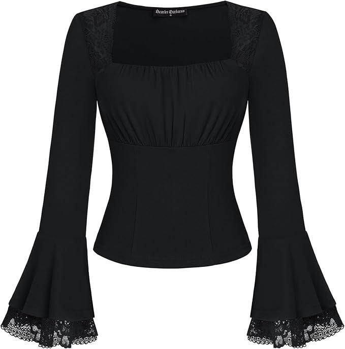 Scarlet Darkness Long Sleeve Tops for Women Square Neck Shirts Fitted Fall Blouse Goth Victorian Tees Going Out Clothes, Size Medium