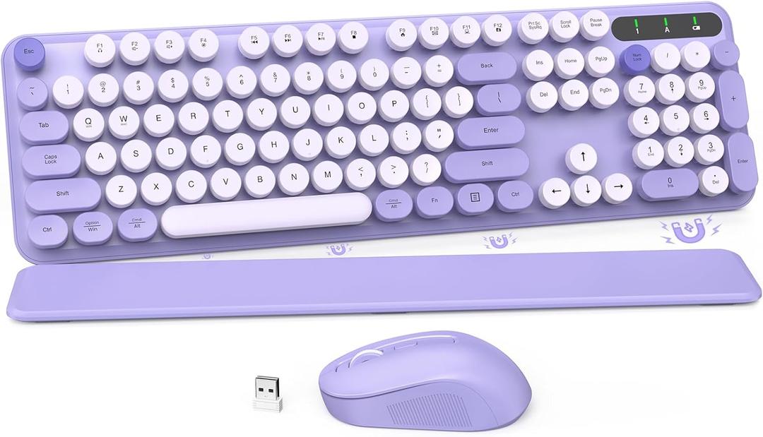 Wireless Keyboard and Mouse Combo, Cute Round Keycaps, Full-Size Retro Typewriter Keyboard with Detachable Wrist Rest, 2.4GHz Cordless Connection for Mac/Windows/PC/Laptop (Purple-Colorful)