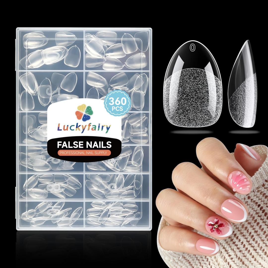 Extra Short Almond Nail Tips, 360pcs Soft Gel Pre-Shaped Acrylic XS Fake Nails, Half Matte Full Cover Clear Press on Flase Nail Tips for Extension Manicure Home DIY 12 Sizes Gelly Tips